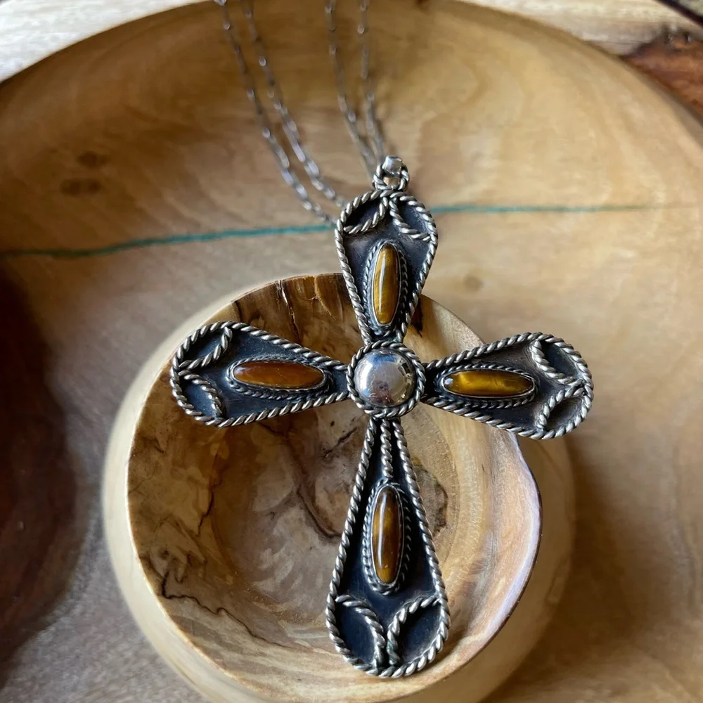 Outstanding Sterling & Tiger’s Eye **BIG** Statement Cross Necklace Mexi…